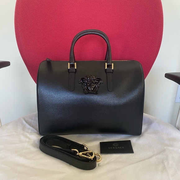 Versace Handbags - Versace Black Leather Medusa Dome Satchel with Gold Accents